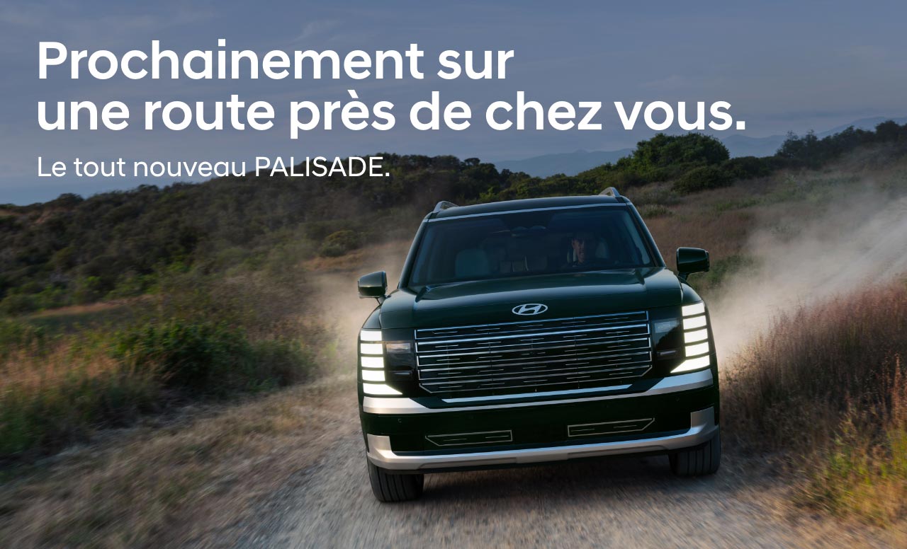 Hyundai Palisade qui roule sur une route panoramique bordée de verdure des deux côtés.