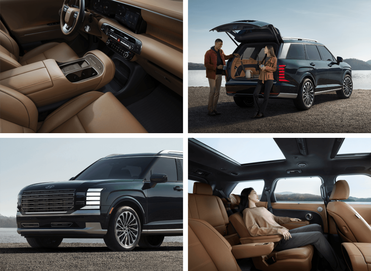 Intérieur en cuir brun du Hyundai Palisade avec larges sièges avant et console centrale. | Deux personnes debout près du coffre ouvert d’un Hyundai Palisade, en train de charger des bagages. | SUV exteriorHyundai Palisade hybride stationné sur une surface mouillée sous un ciel nuageux. | Interior seatingSièges en cuir brun du Hyundai Palisade avec vue sur le toit ouvrant.